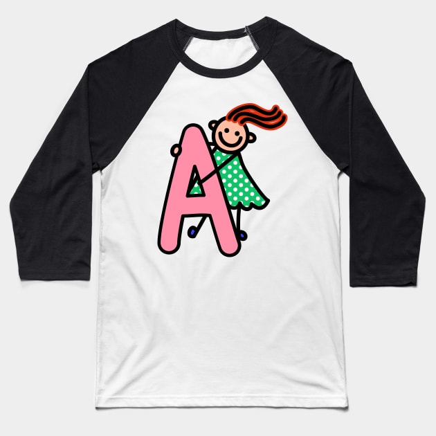 Letter A for girls alphabet Kids Colorful Cartoon Character Baseball T-Shirt by funwithletters